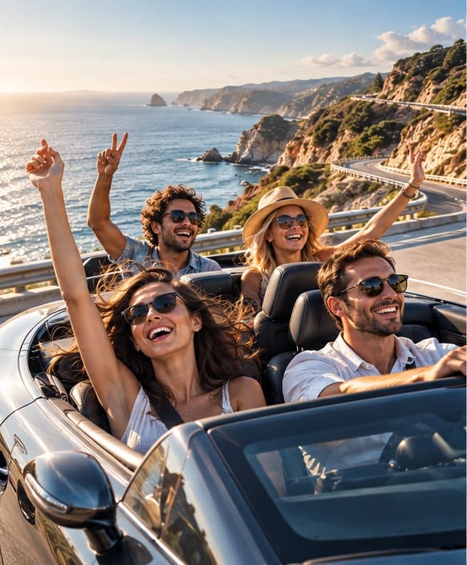 Happy young group enjoying a convertible car on a scenic road