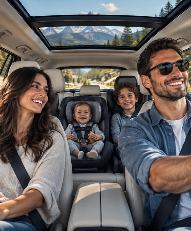 Happy family enjoying a premium SUV journey with a baby secured in a baby seat