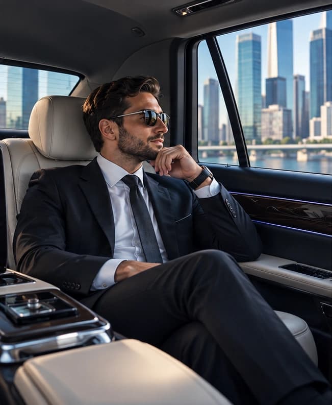 Businessman travelling in a luxury car